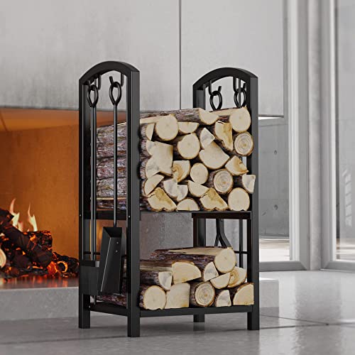 Fire Beauty Fireplace Log Rack With 4 Tools Fireside Firewood Holders Lumber Storage Stacking Black Wrought Iron Heavy Duty Logs Bin #TOP1