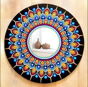 DOT MANDALA MIRROR/Wall hanging/Handcrafted/Made on mdf base with attached hooked on backside/Acrylic colours used. (16inch, Multicolour)
