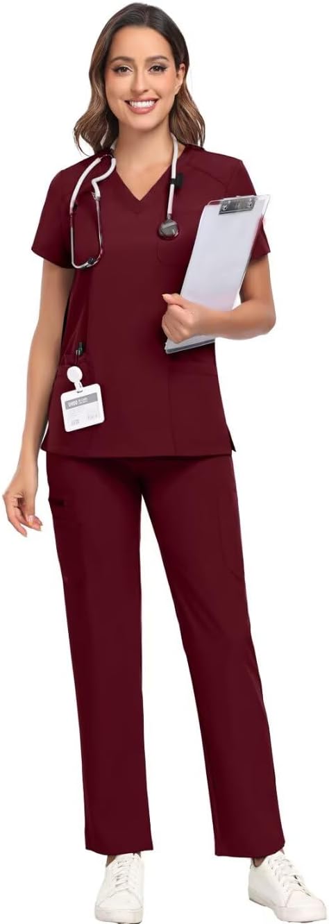 Scrubs for Women Sets, Stretch V-Neck Scrub Top & Cargo Pants with Multi Pockets, Anti-Wrinkle