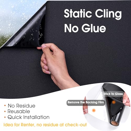 Image of Coavas Blackout Window Film, 100% Light Blocking Privacy Window Film, No Glue Static Cling, Heat & UV Blocking, Removable Room Darkening Window Cover, Renter Friendly for Bedroom, 35.4x157.5Inch,Black