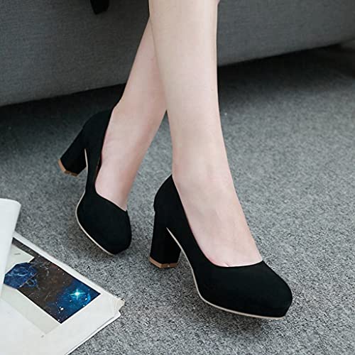 Women's Round Toe Platform Chunky High Block Heel Pumps Suede Slip-On Casual Work Office Dress Shoes3