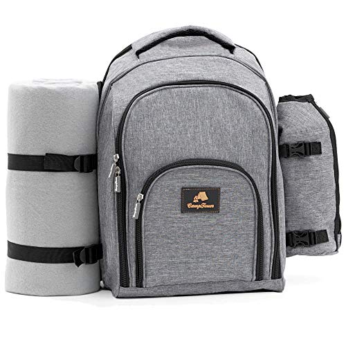 CampFeuer Picknickrucksack 32-teilig | Picknickset für 4 Personen | Grau | mit Flaschenhalter, Picknickdecke, Kühlfach und Campinggeschirr | Freizeitrucksack, Campingrucksack