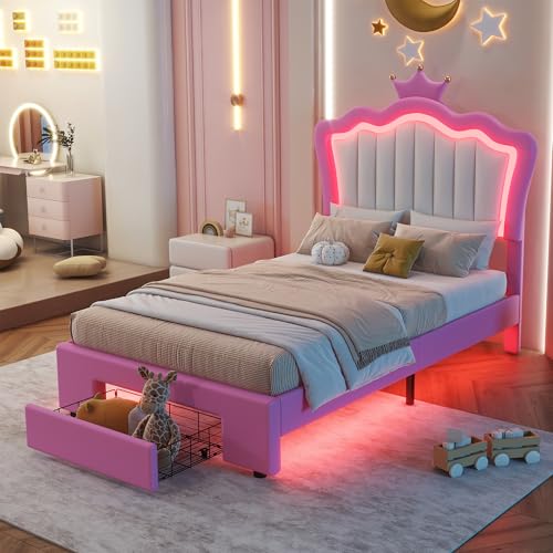 Twin Size Bed Frame with LED Lights,Modern Upholstered Princess Bed with Crown Headboard and Drawers Platform Bedframe,Solid Wood Slat,No Box Spring Needed,Easy Assembly (Pink+White)