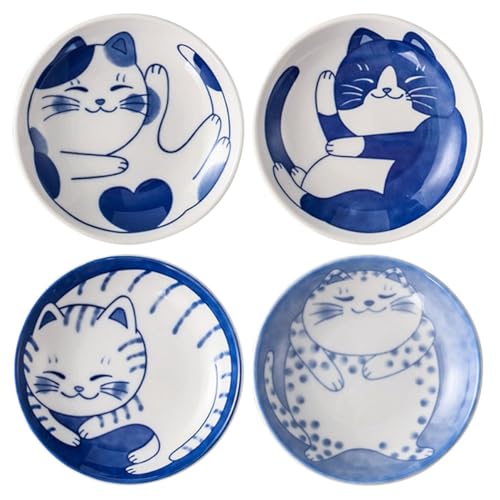 SOLUSTRE 4Pcs Japanese Style Ceramic Cat Pattern Sauce Plates Lightweight Seasoning Dish for Soy Sauce and Vinegar for Serving Snacks and Dips