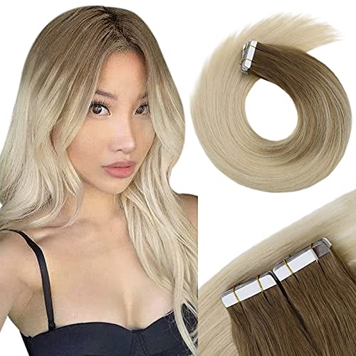 VeSunny Human Hair Tape in Hair Extensions Blonde Ombre 14inch Light Brown Ombre Blonde Tape in Hair Extensions Remy Human Hair Soft and Thick Hair Blonde Ombre Extensions 10pcs 25g