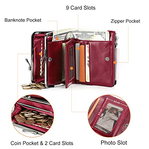 CONTACTS Womens Kiss Lock Wallet Leather Small Zipper Coin Purse Red Bifold Rfid Clasp Wallet Card Holder with Photo Window4