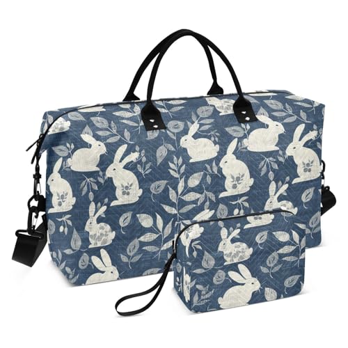 Duffel Bag Old Slow Style Bunny Denim Dark Blue Travel Overnight Carry on Bag with Adjustable Strap for Trekking 2 Pcs Set bolsos para viajar