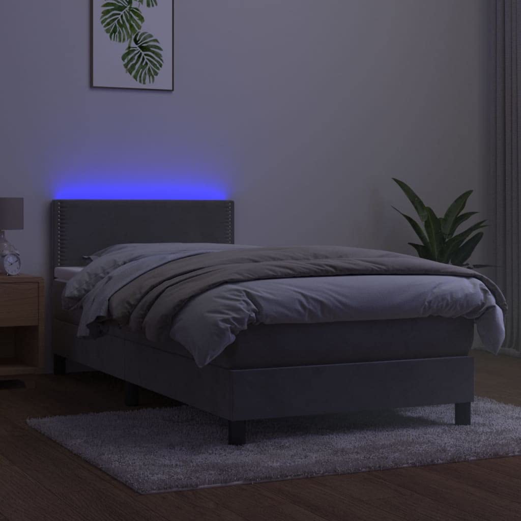 Cama con somier de 90 x 190 cm en gris claro con LED y colchón de muelles ensacados, aspecto de terciopelo ajustable, resistente y moderno, para habitaciones individuales juveniles y de