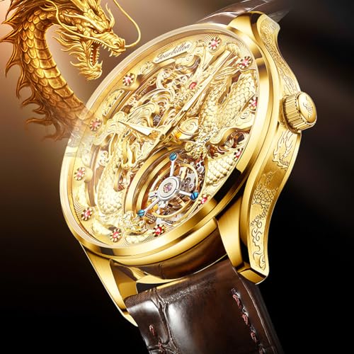 Image of OLEVS Men Automatic Watch Skeleton Luxury Gold Original Dress Mechanical Self Winding Sapphire Crystal Real Leather and Interchangeable Tungsten Steel Band Wrist Watch for Men