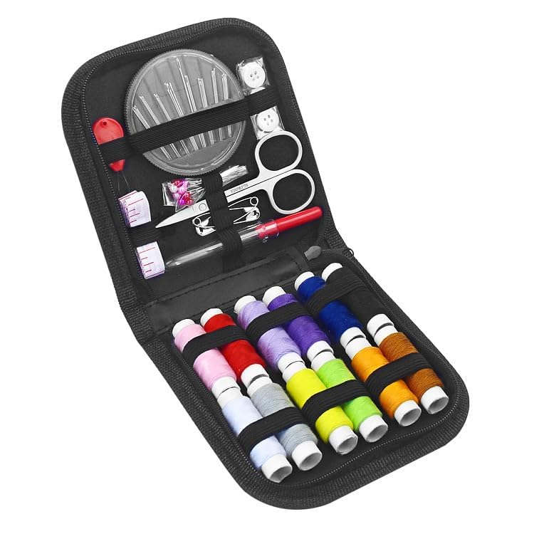 Qivela Portable Sewing Kit Box with Case | 12 Thread Spools, Scissors, Needles & Measuring Tape | Complete Sewing Supplies for DIY, Beginners, Adults, Travel, Home & Emergency Repairs