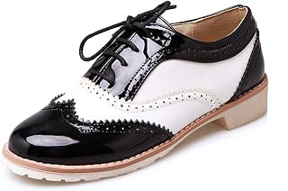 Women's Two Tone Flat Saddle Oxfords Shoes Wingtip Perforated Low Heel Lace Up Vintage Oxford Brogues