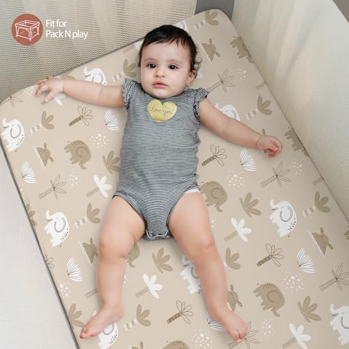 Image of Baby Mini Crib Sheets Boy, Portable 38 inchx26 inch Pack and Play Sheets Fitted for Playard and Pack N Play Mattress, 3-Pack Soft Microfiber Orange Animal World