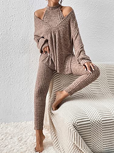 Makemechic Women's Casual 3 Piece Outfits Ribbed Knit Halter Top Long Sleeve Deep V Neck Split Tee Shirt Leggings Set Khaki L #TOP1