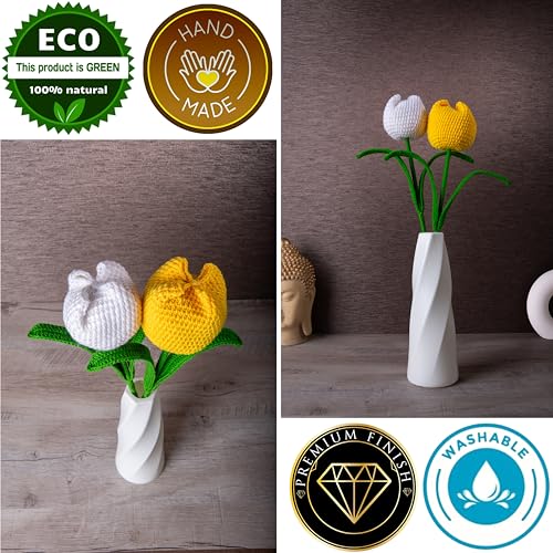Image of Tulip Crochet Flowers | Handcrafted Artificial Faux Woolen Flower with Long Stem | Natural Looking Knitted Flower for Home, Living Room, Vase & Bouquet Decoration & Gifting | White & Yellow
