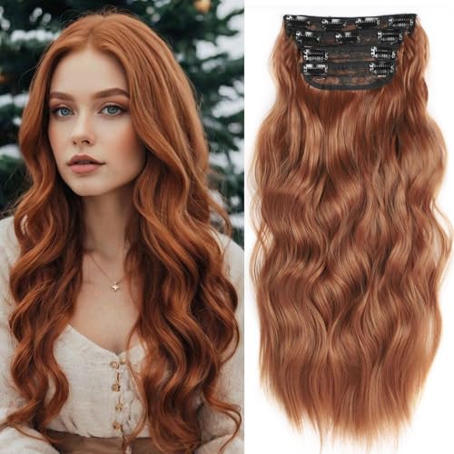 Ginger Red Clip-in Hair Extensions - 4 PCS Soft Long Wavy Synthetic 20 Inch Thick Hairpieces Double Weft 11 Clips