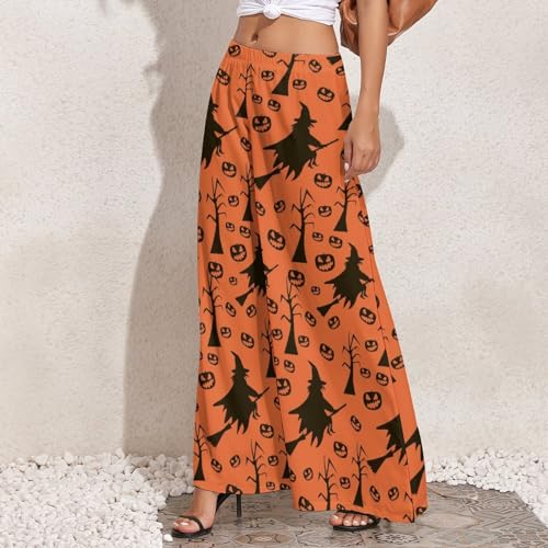 VOSERY Halloween Witch Print Palazzo Pants for Women, Comfy Womens Wide Leg Baggy Pants, Casual Lounge Pants for Women2