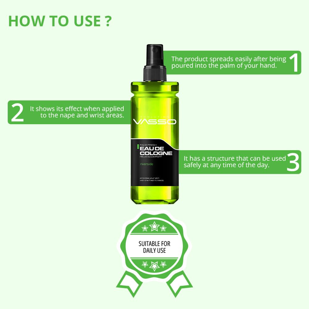 Vasso Aftershave Cologne Riverside 370 ml | Eau De Cologne Invigorating Freshness | Long-Lasting Scent for Daily Use