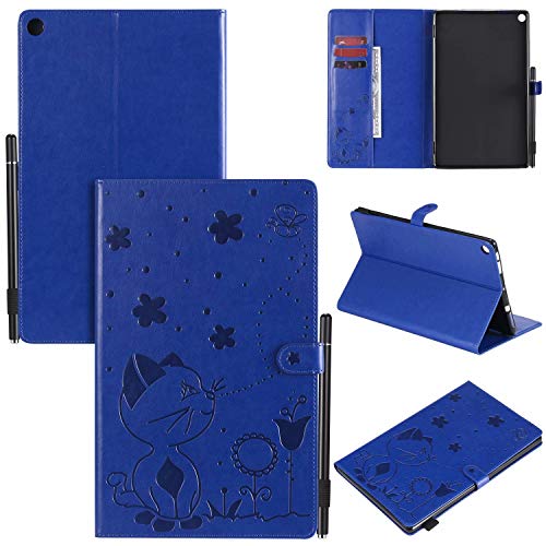 Smart Hülle für Fire HD 10 Tablet,Pu Leder Katze Biene Schutzhülle Case Cover mit Auto Schlaf/Wach Ständer Stift Halter Funktion,Blau