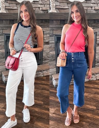 Omoone Wide Leg Jeans for Women High Waisted Stretchy Straight Leg Cropped Denim Pants Buttoned Baggy with Patch Pockets4