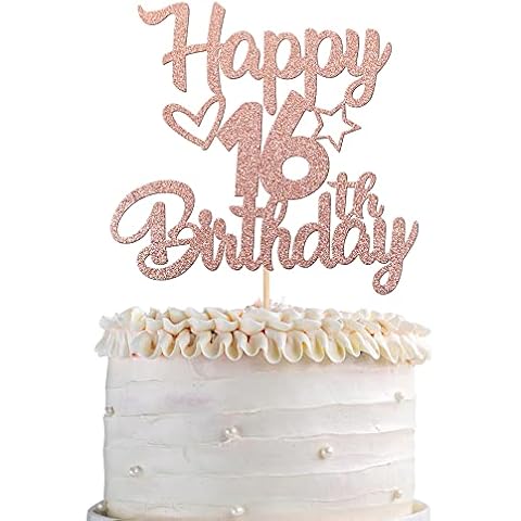 SYKYCTCY 1 Pack Happy 16th Birthday Cake Topper Glitter Heart Star 16 Fabulous Cake Pick Birthday Sign Cake Decorations for Children 16th Birthday Theme Party Supplies Rosegold Cover