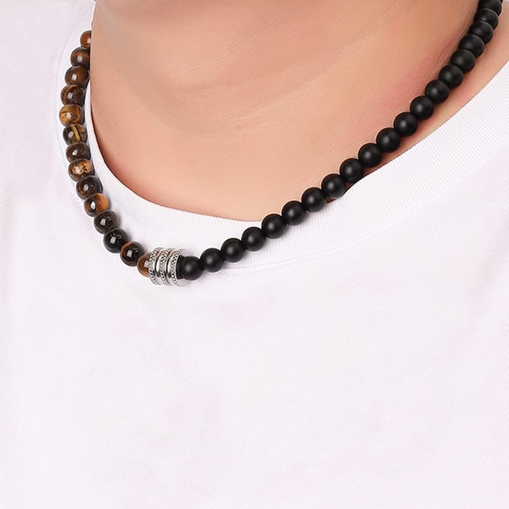 8mm Natural Stone Beads Short Necklace Stainless Steel Beaded Charm Choker Neck Chain Fashion Men and Women Jewelry 21.7 inch(55cm) - Image 5