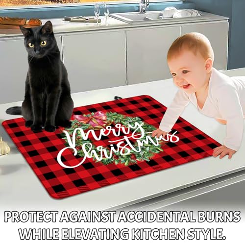 Image of Christmas Stove Top Cover for Electric Stove, 20x28 In Red Plaid Stove Covers Xmas Stove Mat Winter Heat Resist Gas Range Mat Induction Kitchen Decor Cooktop Protector Pad