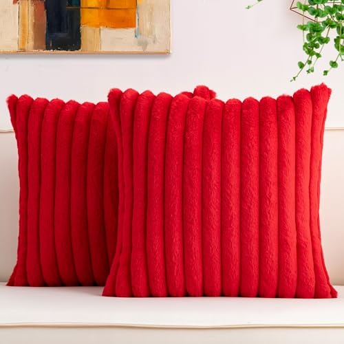 Aegero Pack of 2 Faux Fur Christmas Throw Pillow Covers 18x18 Inch Soft Plush Striped Neutral Couch Pillow Cover with Velvet Back Modern Home Decor for Sofa Living Room Couch Bed Red