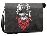 Umhängetasche Messenger Canvas Schultertasche Biker Katze robuste Tasche Katzenhalter Geschenk Idee Studenten Tasche Uni Büro Freizeit Arbeit Motorradfahrer Cat mit Jethelm und Brille Motiv :