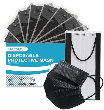 4-Ply Individually Wrapped Disposable Face Masks, Black with White Interior, Flat Protection Mask with Comfortable Ears for Adults Men Women, Box of 50