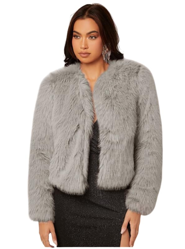 PATAKADEVI Fluffy Faux Fur Coat Jacket | For Stylish Appearance | Short Length Design | Long Sleeve Coverage | Soft Shag Texture | Grey Color | Comfortable Fitting | Warm Outerwear-image-31
