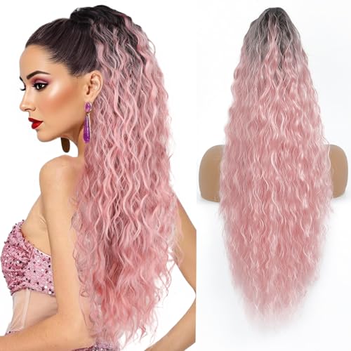 Image of Claw Clip Ponytail Extension 26In Long Wavy Curly Hair,Ombre Pink