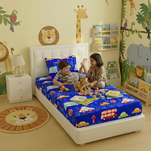 Image of Filymore Kids Single Bedsheet Super Car Theme for Single Size Bed 240 TC Microfiber Soft Cartoon Bedcover for Kids Room 90x60 Inches Red Blue and White