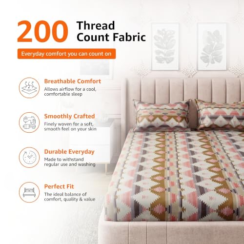 Image of Amazon Basics - 100% Cotton Flat Bedsheet | 200TC |King Bed Sheet with 2 Pillow Cover|Soft Cotton | Geometric Print | 90 Inch x 108 Inch, Grey