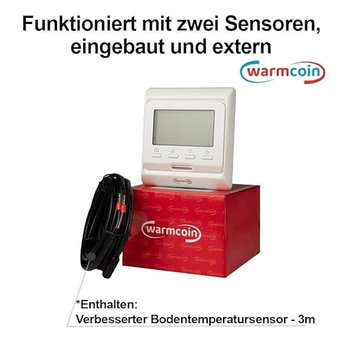 Warmcoin elektrische Fußbodenheizung Set 6 m² 160 W/m² – Thermostat W51 Weiß mit verbessertem Sensor – Heizmatte für Laminat, Vinyl, Fliesen – Fußbodenheizung Komplettset