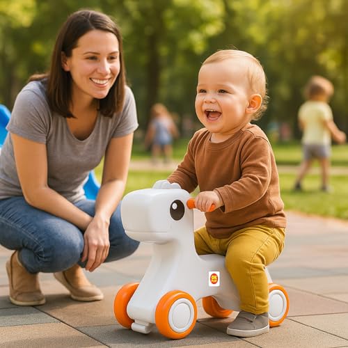 Image of OK PLAY Pony Ride On Push On for Kids | Backrest | Easy Grip | Anti Skid | Four Wheel Ride | Baby Ride On | Indoors and Outdoors Games | Light-Weight | Durable | Small | Orange & Ivory | 1 Years+