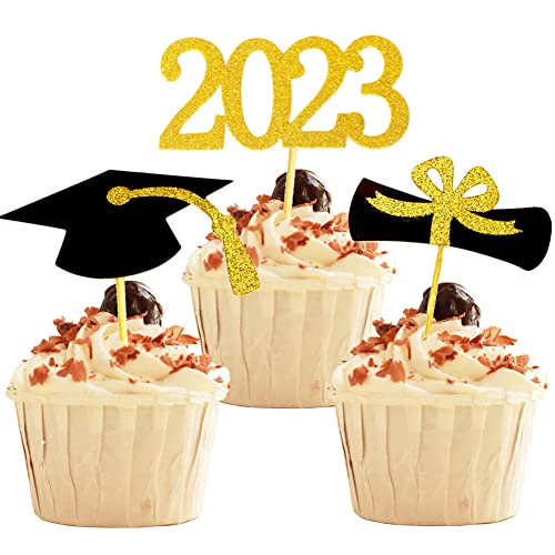 Yubobo 2023 Graduation Cupcake Toppers, 48 Pcs Food/Appetizer Picks For Graduation Party Mini Cake Decorations, Diploma, 2023, Grad Cap Set 48 Pieces (Gold) #TOP1