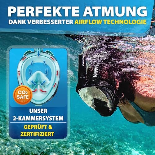 Die Preisgekrönte KAIMANA® Schnorchelmaske für Erwachsene & Kinder - absolut CO2 sicher - inkl. Tragetasche - Tauchermaske Erwachsene - Vollgesichtsmaske Tauchmaske