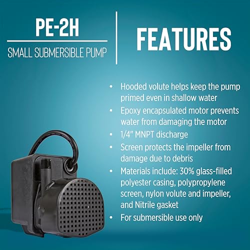 Image of Little Giant PE-2H, 115V, 300 GPH Small Submersible Fountain Pump, 6' Cord | 1 /40 HP, Keeps pump primed in shallow water, Epoxy encapsulated motor, Manual (no switch), 518400