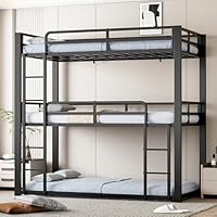 Mixcous Metal Triple Bunk Bed, Twin Over Twin Over Twin Heavy Duty Bunkbeds, Full-Length Guardrail Family-Friendly for All Ages, Bedroom, No Box Spring Needed, Easy Assembly, Black