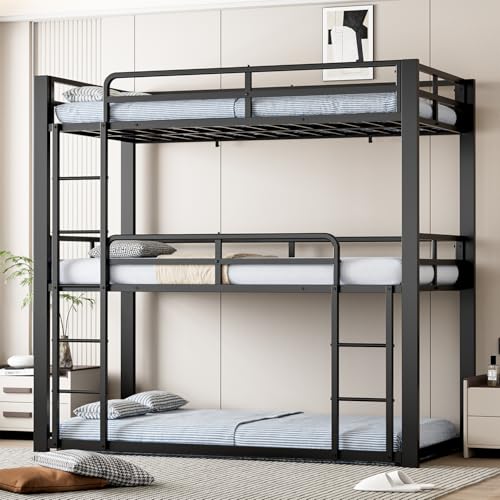 Mixcous Metal Triple Bunk Bed, Twin Over Twin Over Twin