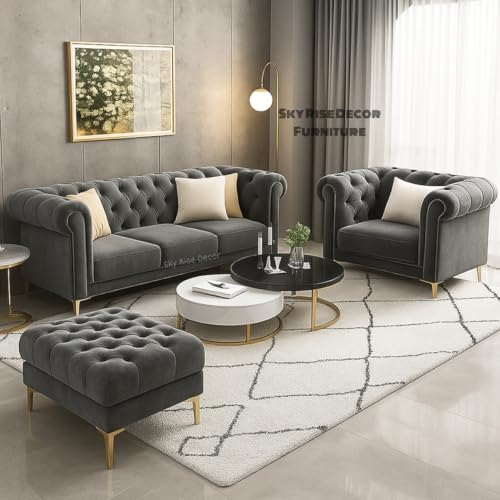 Image of Modern Classic 5 Seater Sofa Set Couch Fabric & Valvet Tufted 3+1+1Footrest Chesterfield Sofa Living Room and Office (Grey 3+1+1Footrest) | Premium Material