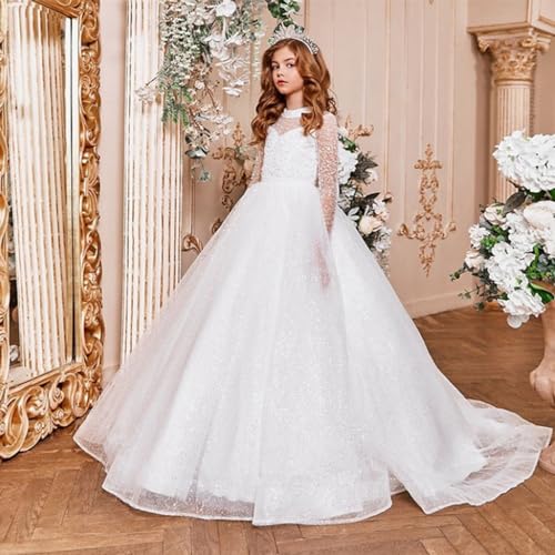 Lace Flower Girl Dress Long Sleeve Backless Big Girls Formal Long Bowknot Pageant Prom Wedding Tulle Dresses2