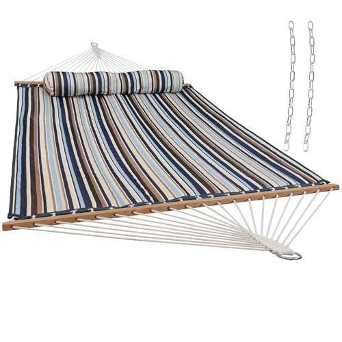 Sunnydaze Quilted Double Hammock for Outside with Spreader Bars and Pillow - 450 lb Capacity 74x55 Inch Bed UV Resistant Quick Dry - Chains Included Stand Sold Separately - Ocean Isle