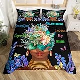 Girl African Duvet Cover Set King Size,African Style American Inspirational Quotes Bedding Set Kids Girls Women Room Decor Watercolor Flowers Butterfly Comforter Cover Black Fashion Quilt Cover 3Pcs