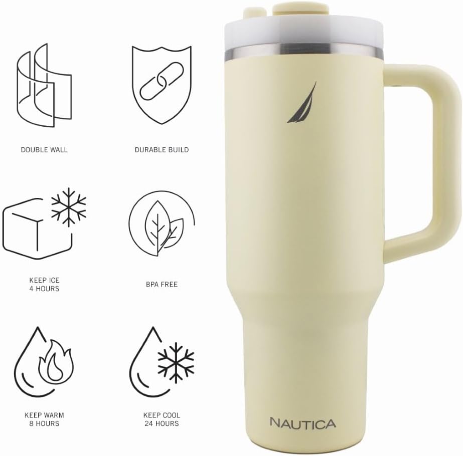 Nautica 40 oz Large Insulated Tumbler with Handle & Straw with screw on cap, Reusable Water Bottle Stainless Steel Travel Mug for Hot Cold or Iced Drink, BPA-Free, Fits Car Cup Holders (Light Yellow) - Image 4