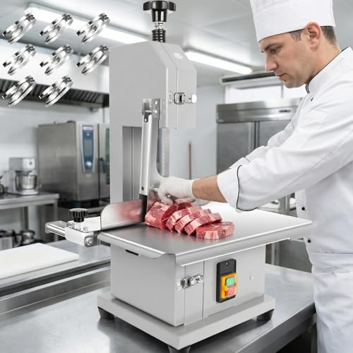 2000W Electric Bone Saw Machine Commercial Bandsaw Machine 19x14 Stainless Steel Worktable Cuts 0.04-8 Thickness Frozen Meat Cutter for Rib Pork Beef Butchering