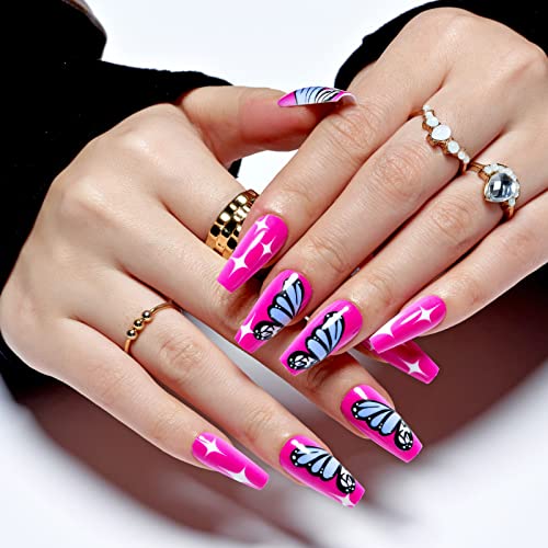 Press on Nails Medium Coffin GLAMERMAID, Rose Pink Acrylic Fake Nails with Design Butterfly Stick Glue on Nails Reusable False Nail Tips, 48Pcs Adhesive Tabs Nail File, Cuticle Stick