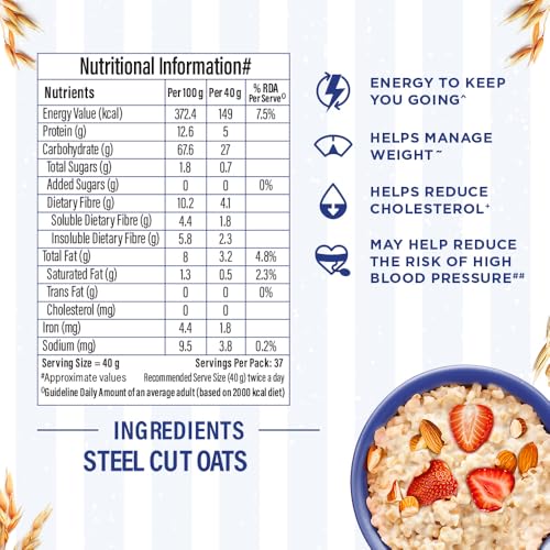 Image of Bagrry's Steel Cut Oats 1.5kg | High in Fibre & Protein | Non-GMO | No Added Sugar | Old-Fashioned Oats | Weight Management | Regulates Cholesterol | Healthy Breakfast Cereal | No Added Preservatives
