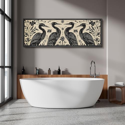 Image of MUDECOR Large Framed Canvas Print Wall Art Folk Art Heron Birds Floral Black and Cream Antique Retro Ready to Hang Painting for Living Room Bedroom Multi-Sizes - 60 inchx20 inch