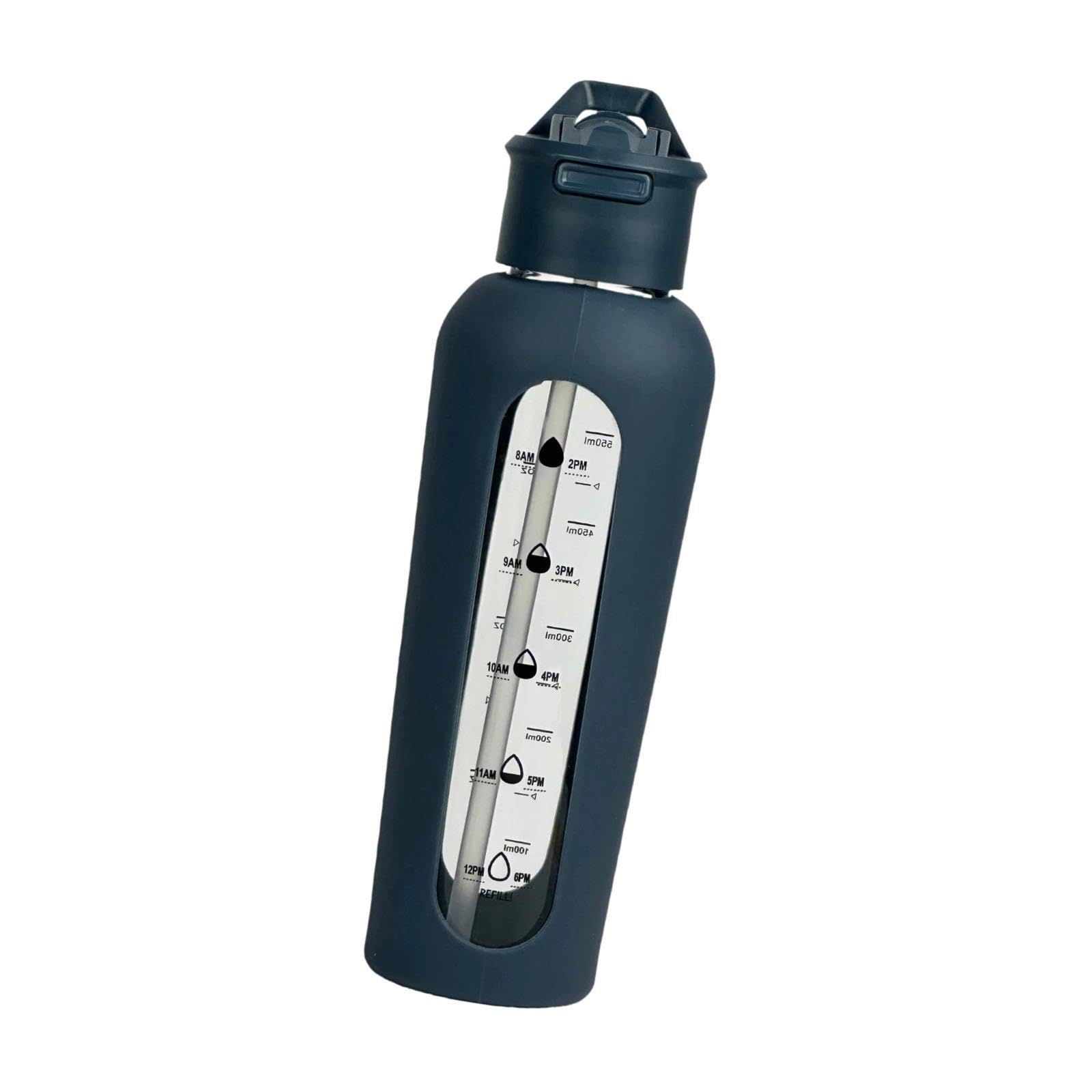 Botella portátil de agua en vidrio con marcador de tiempo y funda azul 26.5x8.2 cm